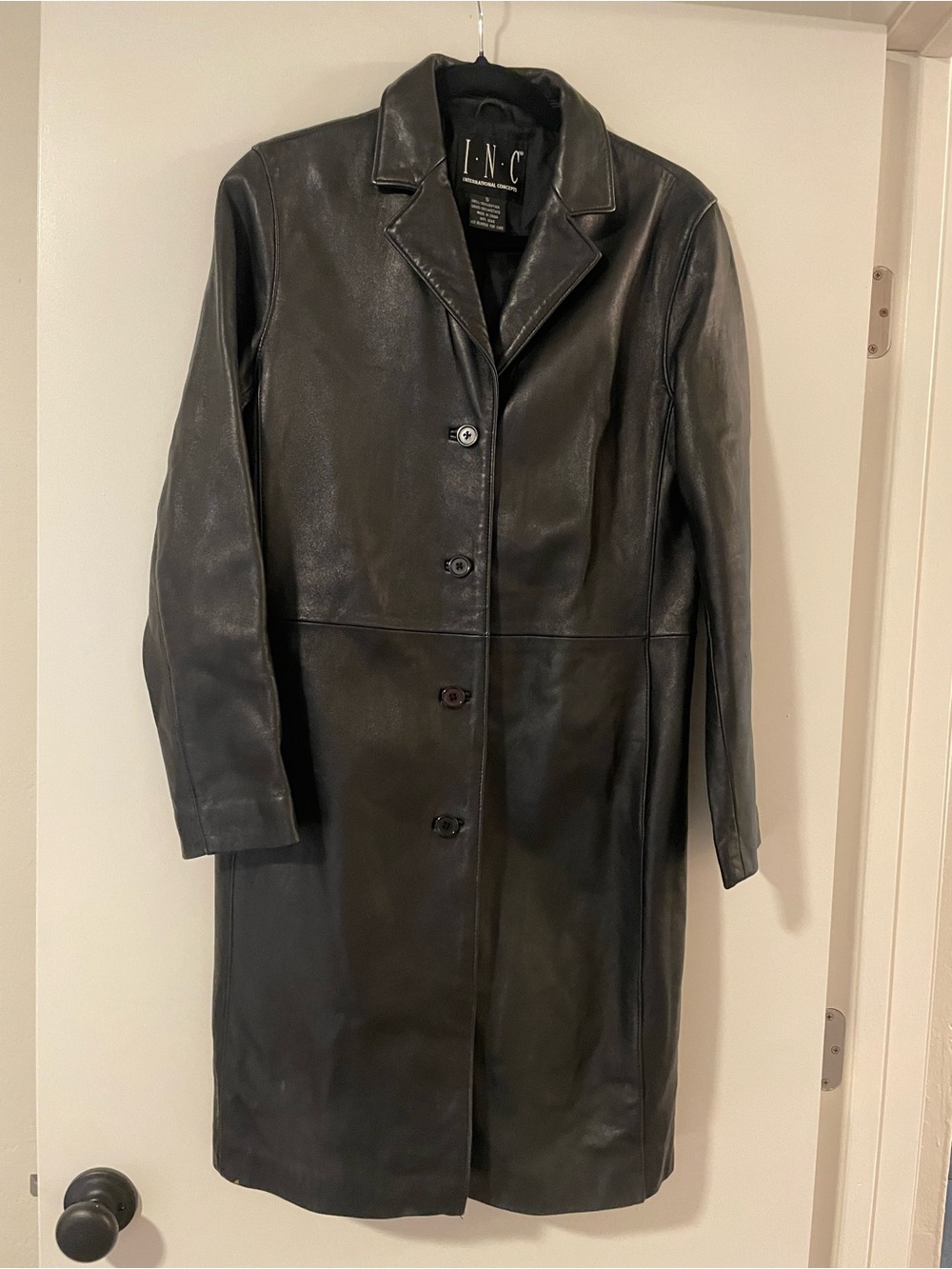 INC International Concepts Black Leather Longline Button Coat